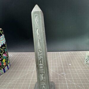 Egyptian Style Obelisk Figurine With Hieroglyphs Stone Material 9 1/4" Tall Home